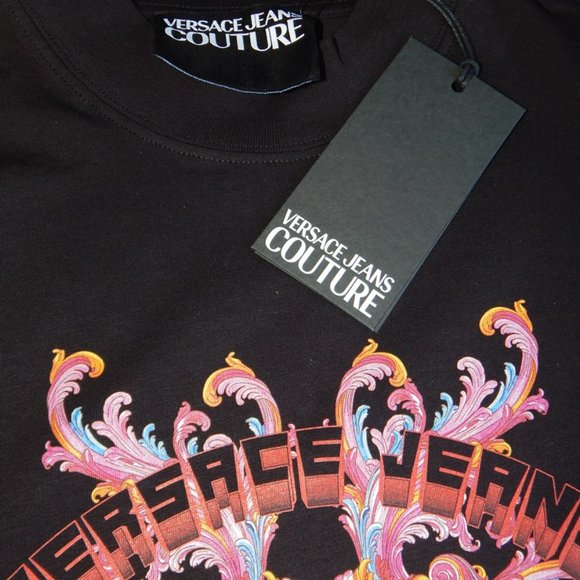 VERSACE JEANS COUTURE Crew Neck Multicolor Graphic Logo T SHIRT Black US Med - Picture 4 of 7